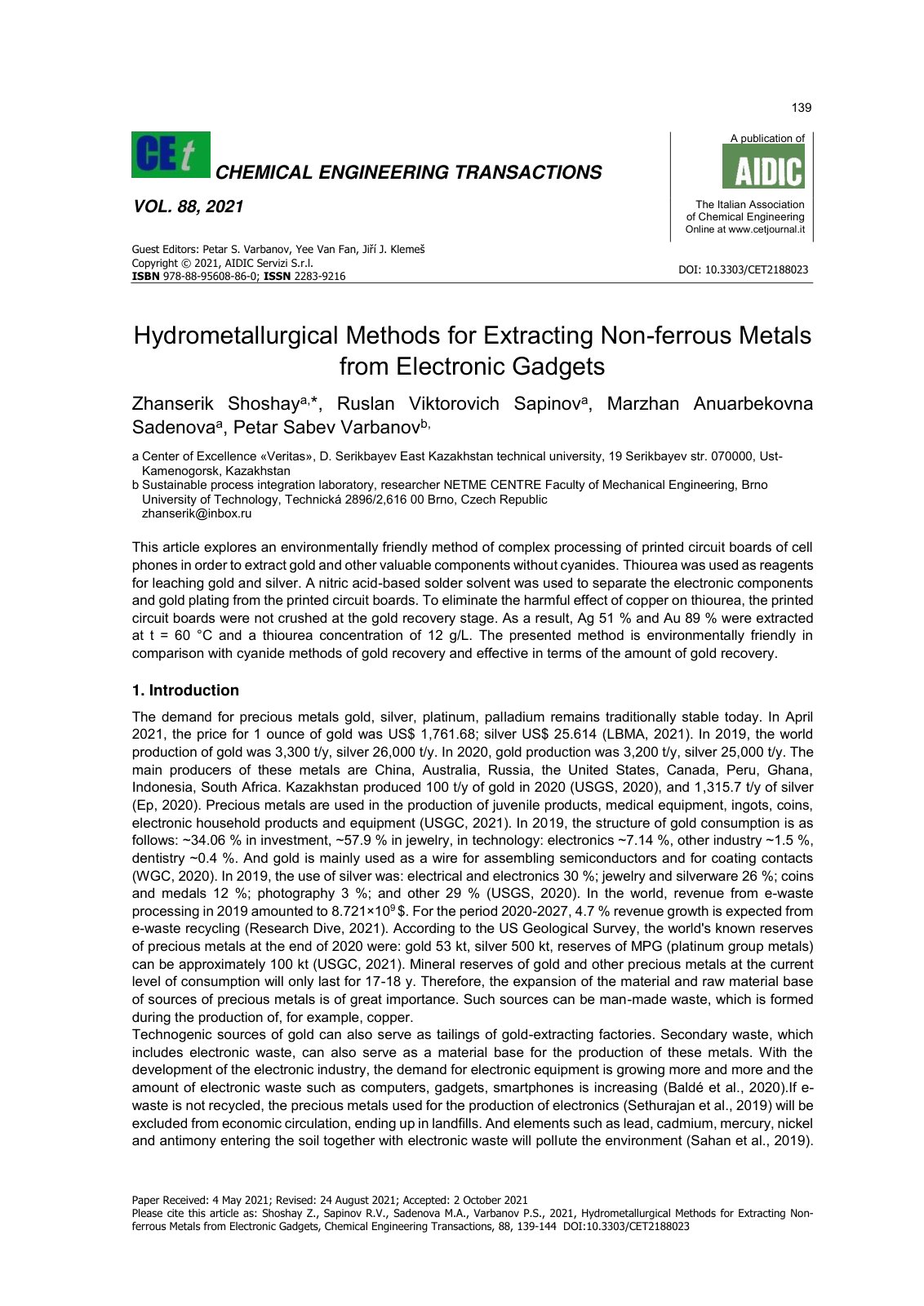 First page of Hydrometallurgical Methods for Extractin