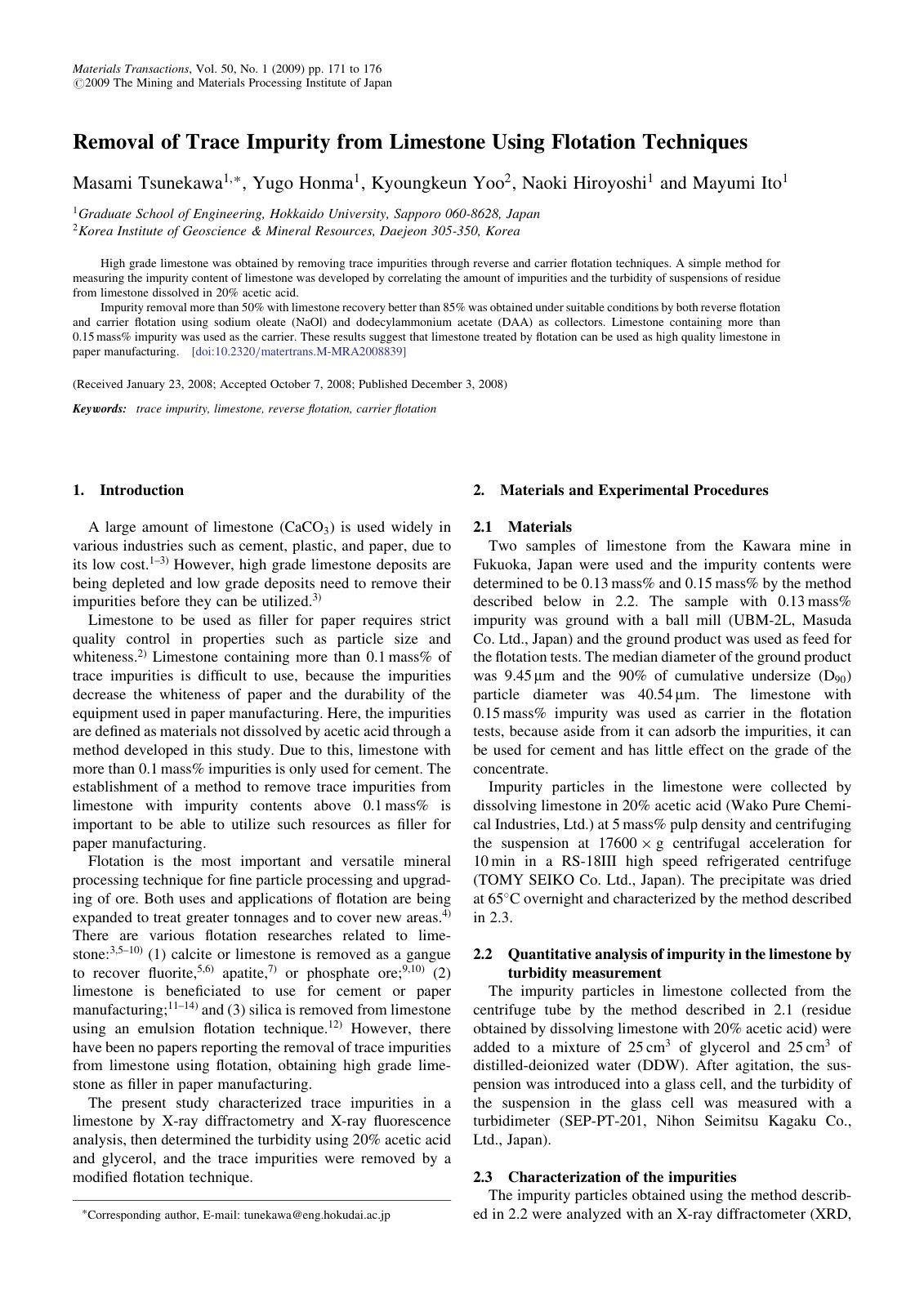 First page of Removal of Trace Impurity from Limestone