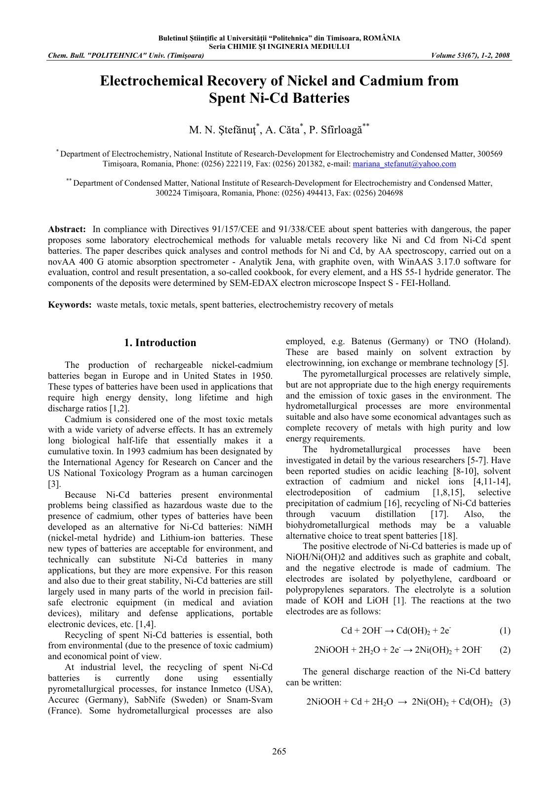 First page of Electrochemical Recovery of Nickel and C