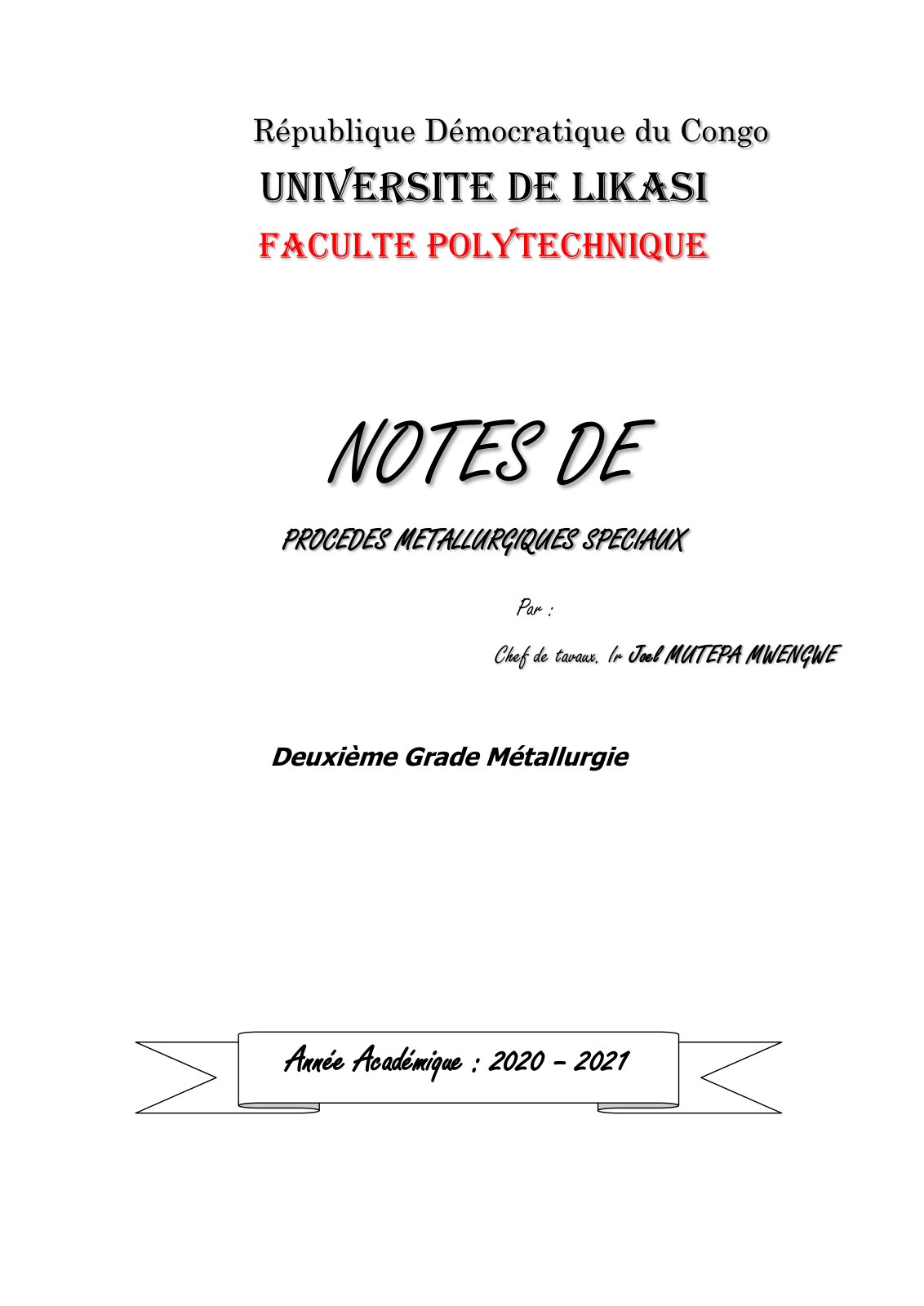 First page of Notes de Procédés Métallurgiques Spéciaux