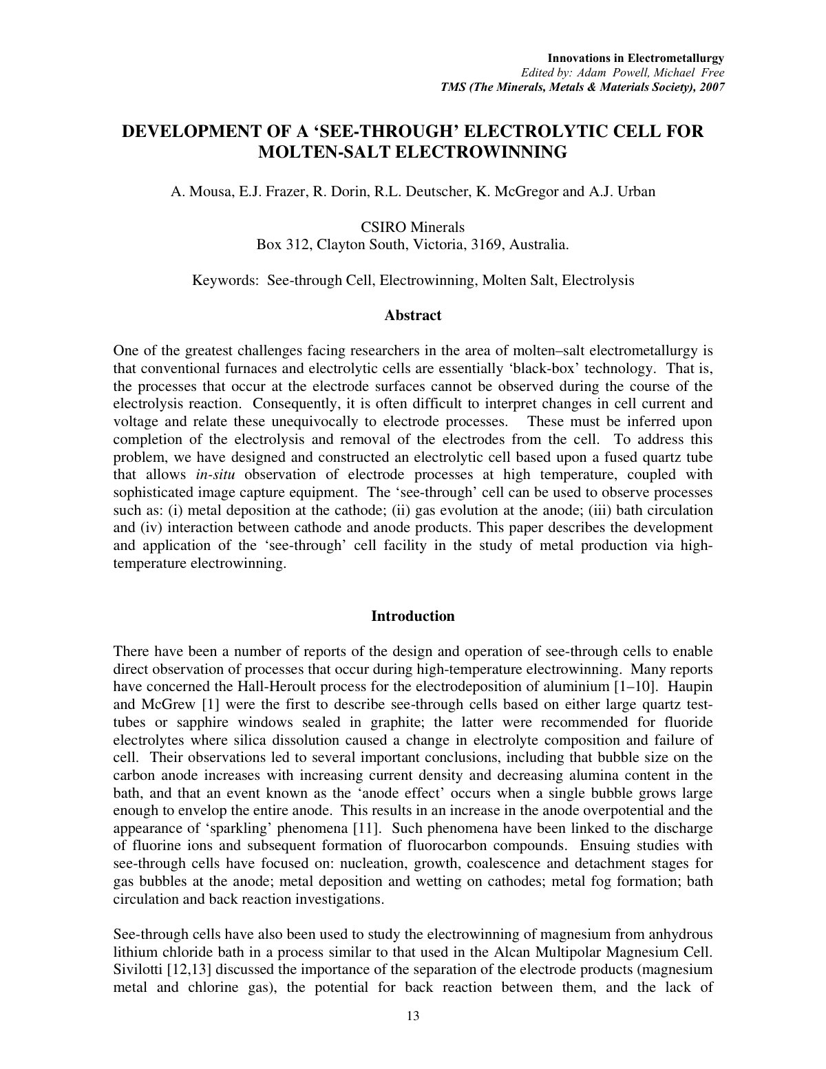 First page of DEVELOPMENT OF A ‘SEE-THROUGH’ ELECTROLYTIC CELL FOR MOLTEN-SALT ELECTROWINNING