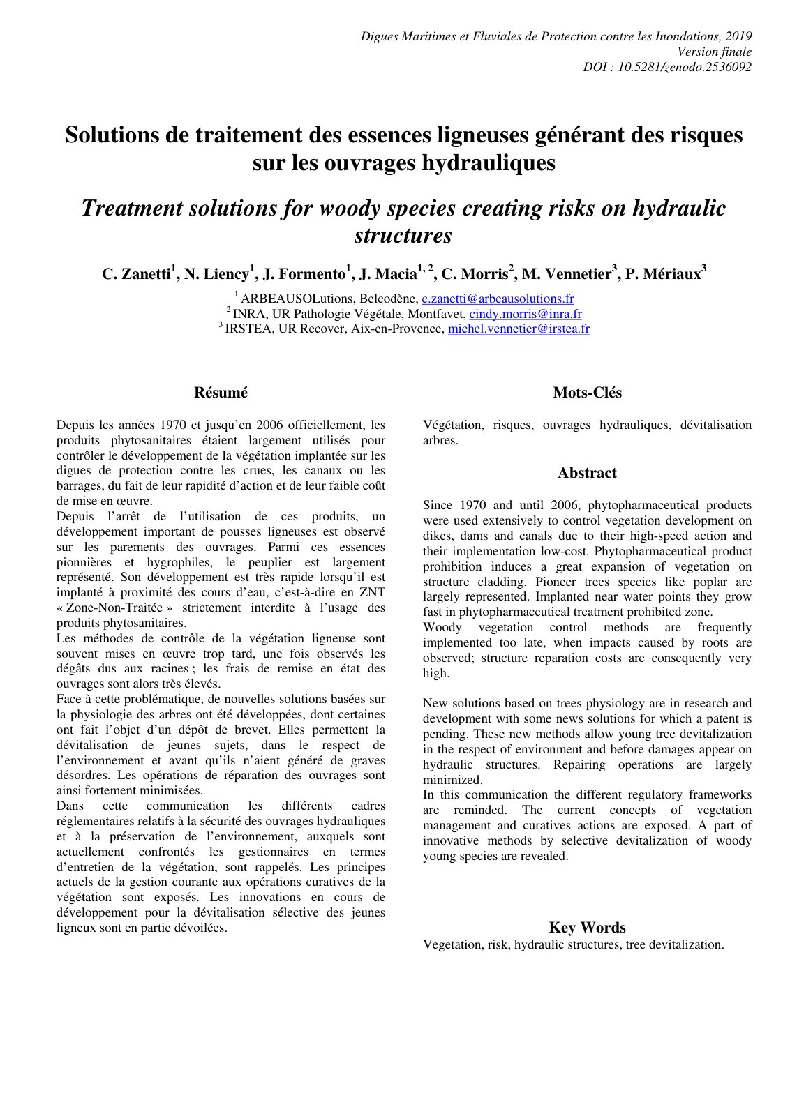 First page of Solutions de traitement des essences ligneuses générant des risques sur les ouvrages hydrauliques