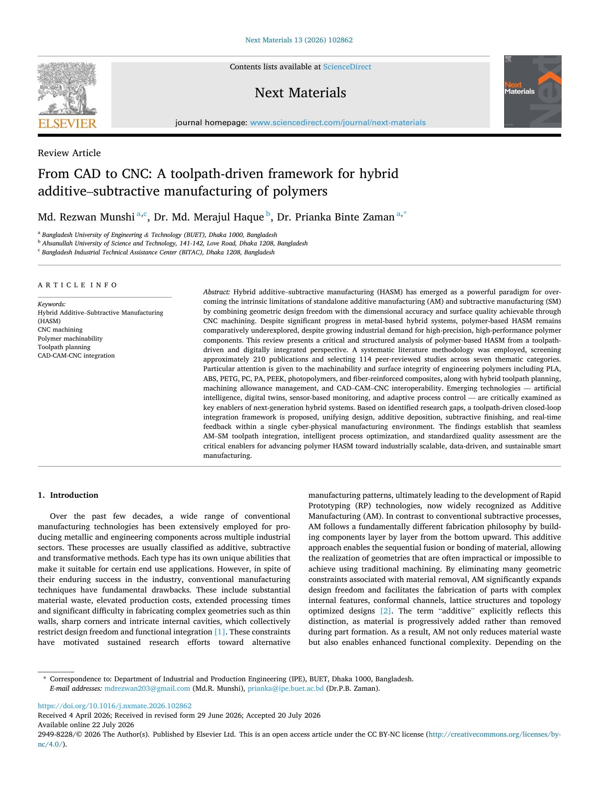 First page of From CAD to CNC  A toolpath driven framework for hybrid additi 2026 Next Mat