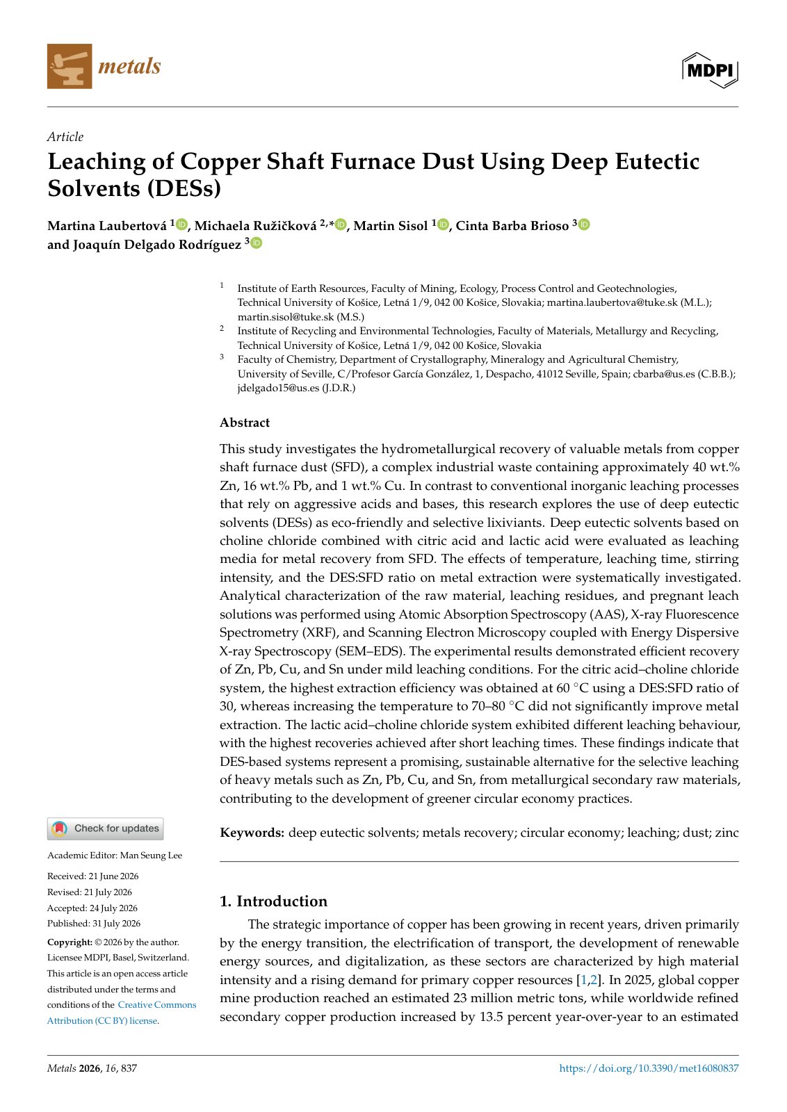 First page of 2026   Laubertova   Copper shaft furnace dust leaching with DES