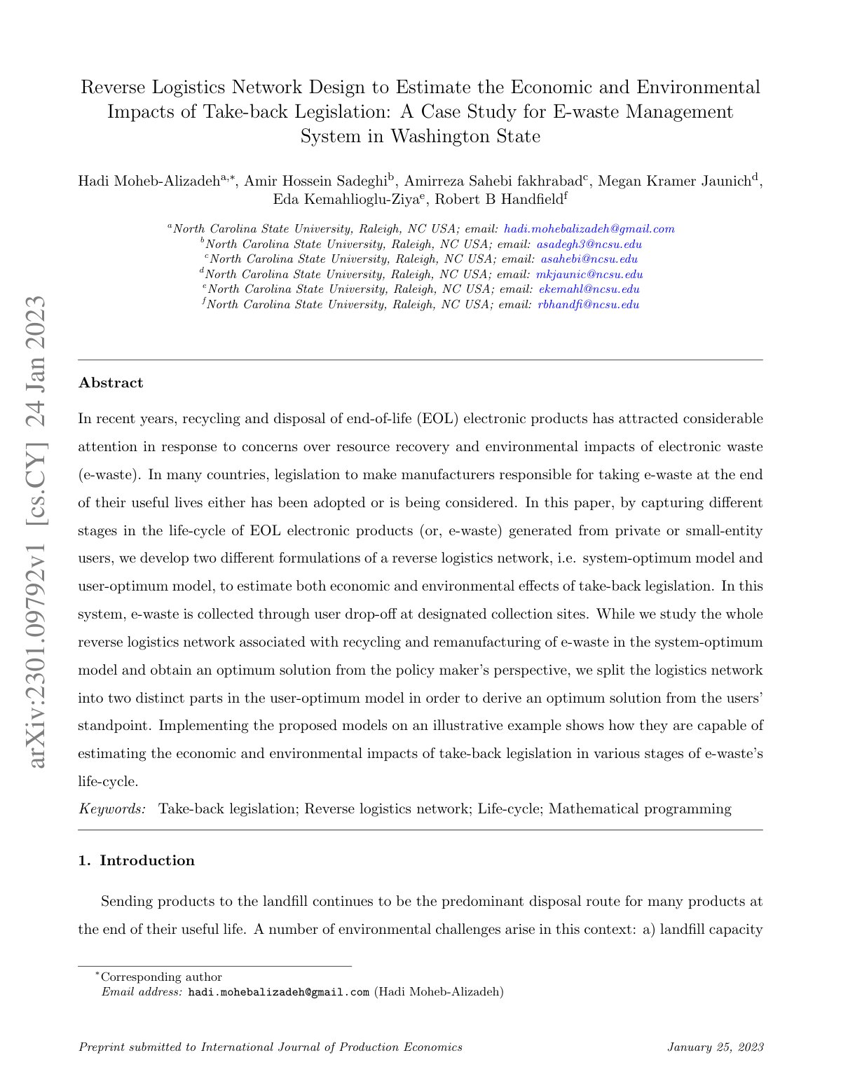 First page of Reverse Logistics Network Design to Estimate the Economic and Environmental Impacts of Take-back Legislation: A Case Study for E-waste Management System in Washington State