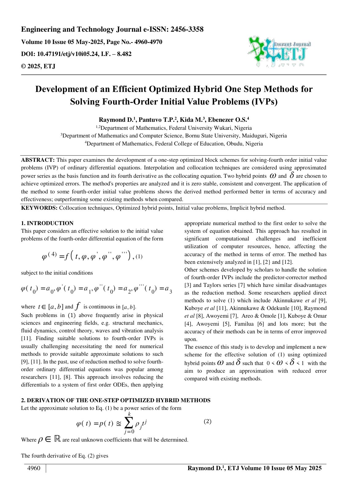 First page of Development of an Efficient Optimized Hybrid One Step Methods for  Solving Fourth-Order Initial Value Problems (IVPs)    