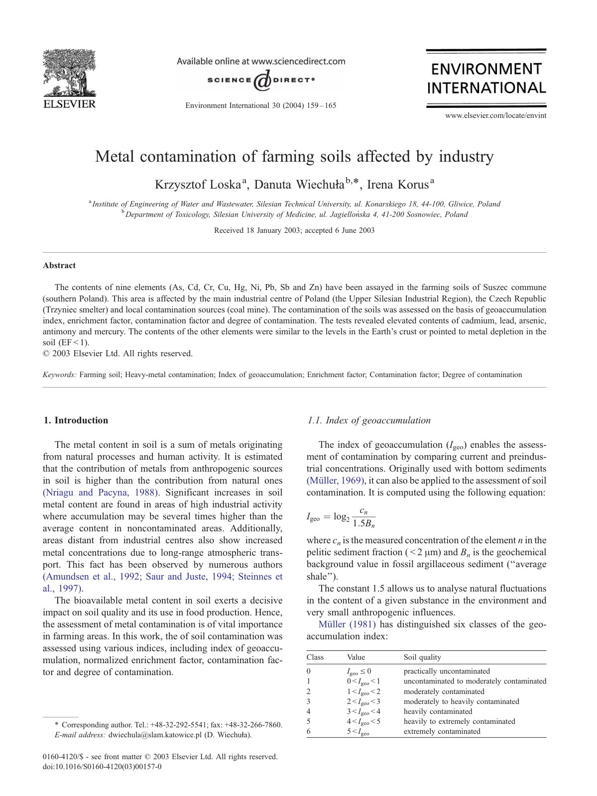 First page of Metal contamination of farming soils affected by industry