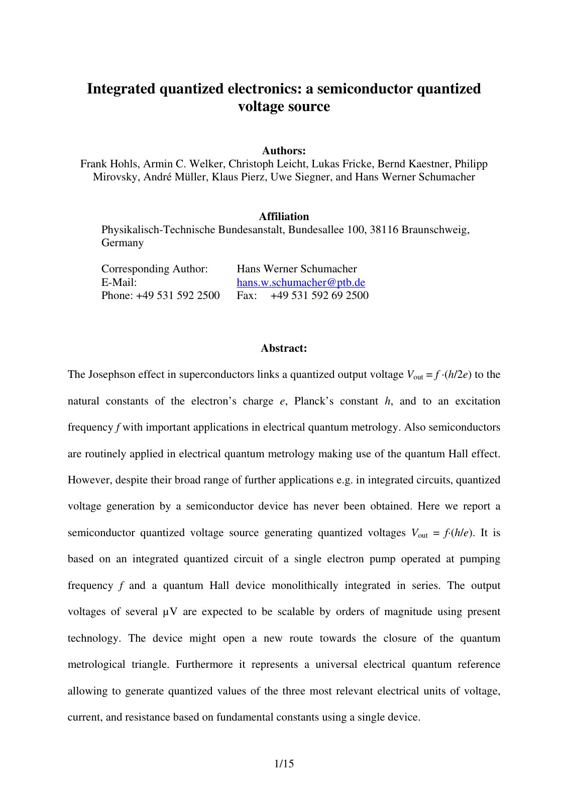 First page of Integrated quantized electronics: a semiconductor quantized voltage source