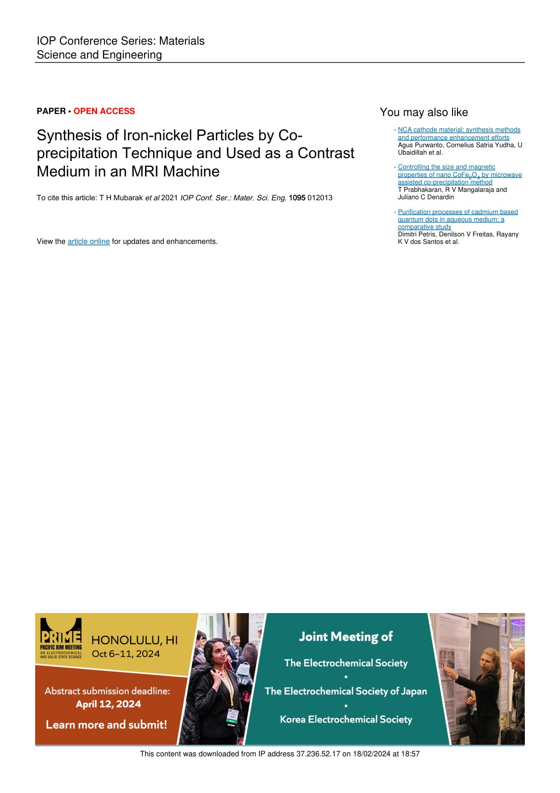 First page of IOP Conference Series Materials Science