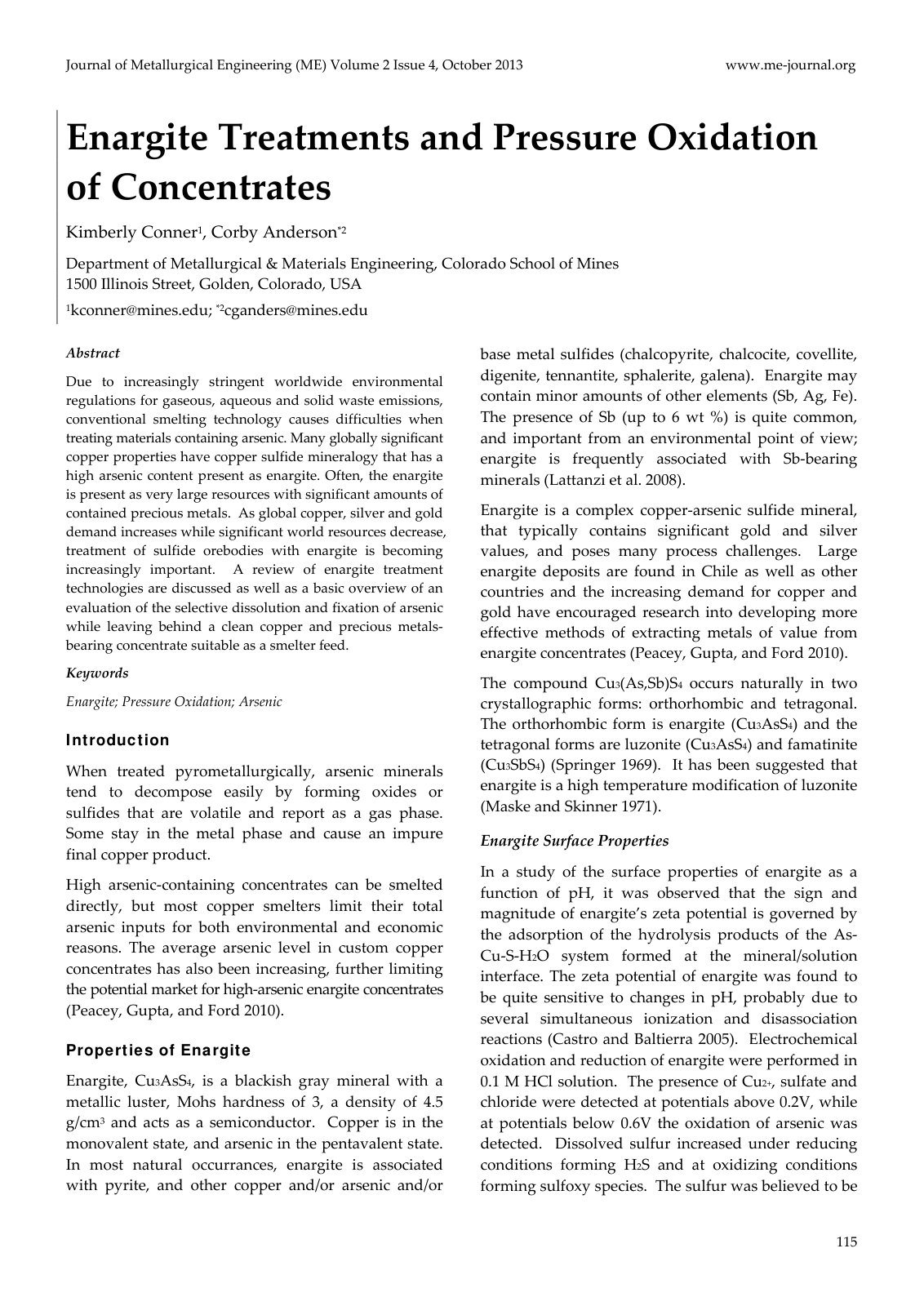 First page of Enargite Treatments and Pressure Oxidati