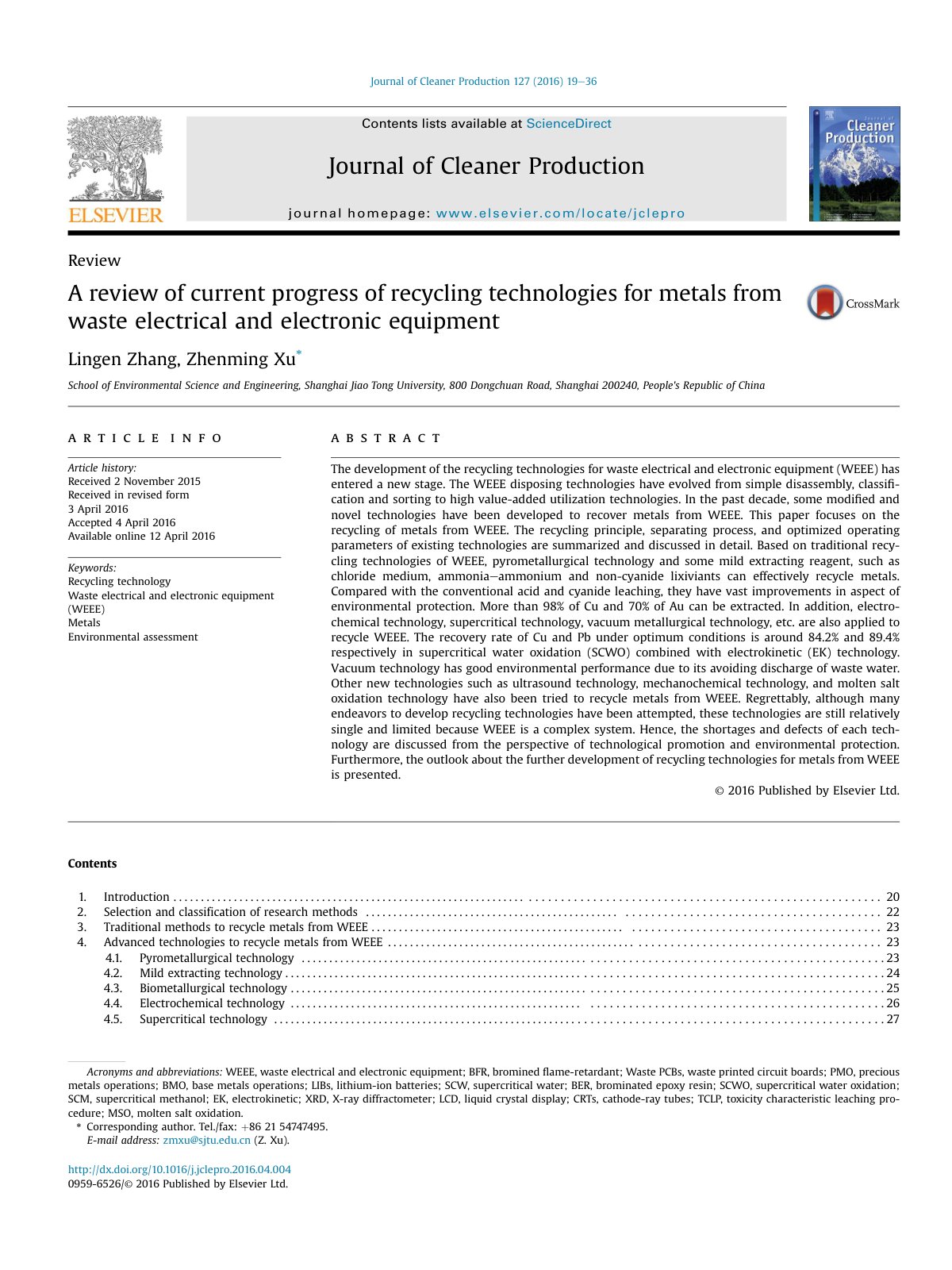 First page of A review of current progress of recycling technologies for metals from waste electrical and electronic equipment