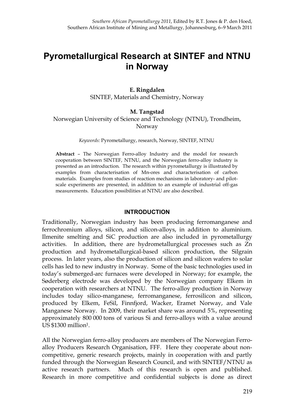First page of Pyrometallurgical Research at SINTEF and