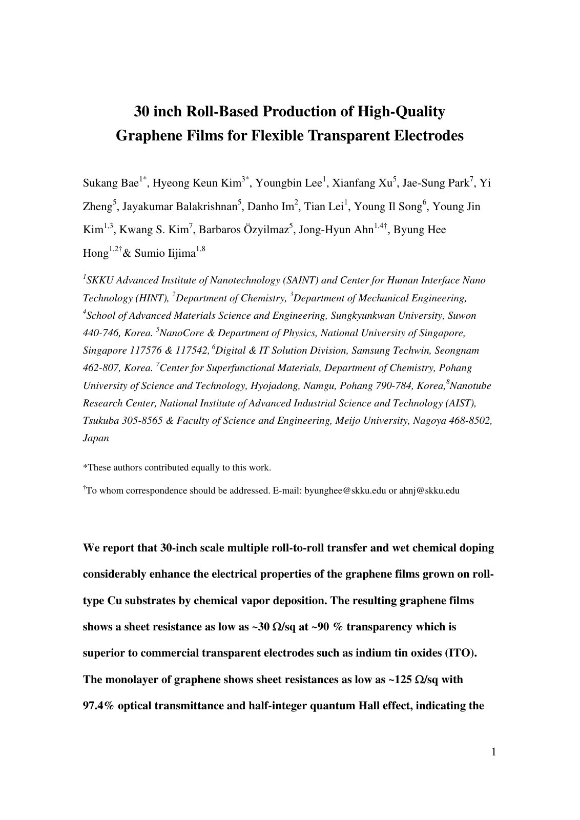 First page of Roll to roll production of 30 inch graph