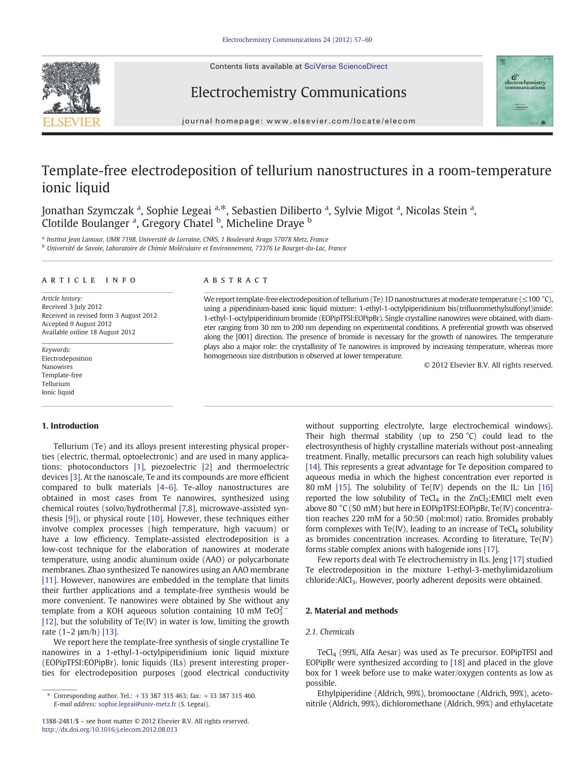 First page of Template free electrodeposition of tellu