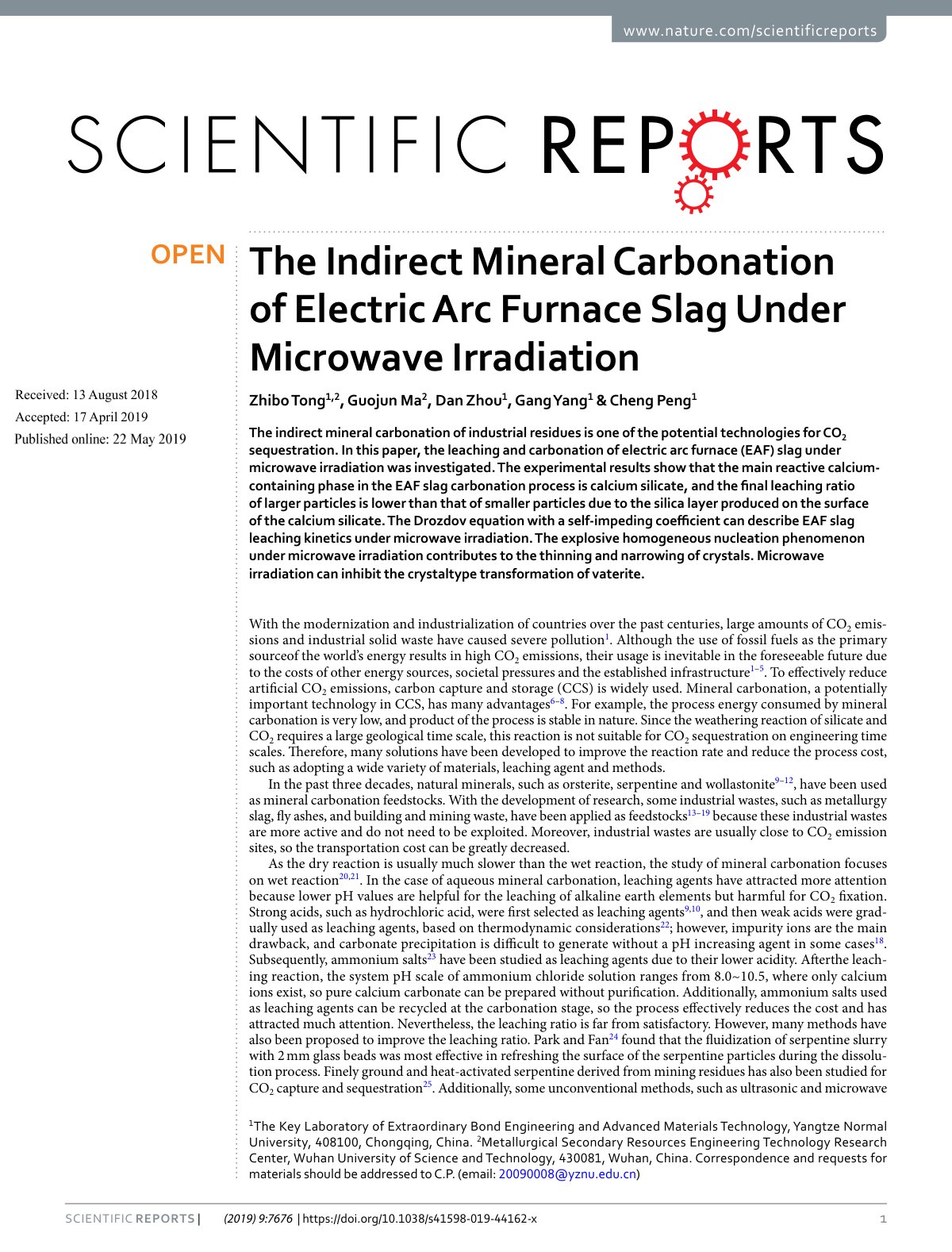 First page of the Indirect Mineral Carbonation of electric Arc Furnace slag Under Microwave Irradiation