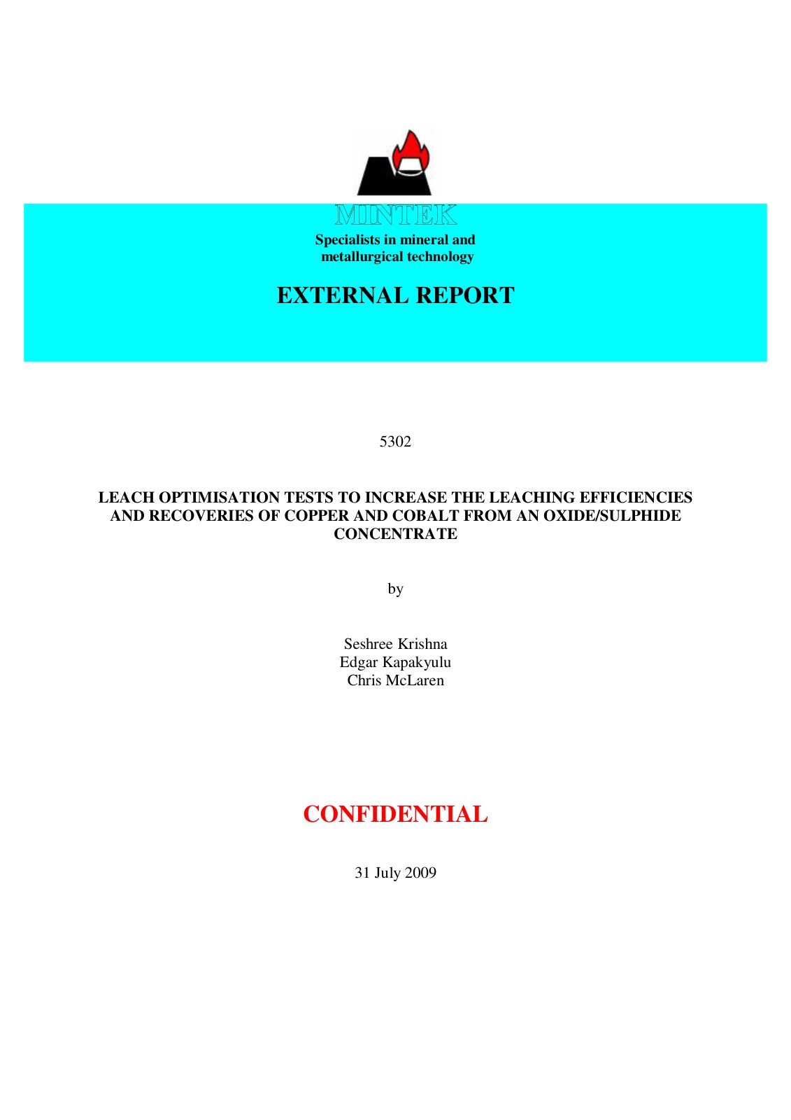 First page of Leach Optimisation tests to increase the leaching efficiencies and recoveries of Copper and Cobalt from an oxide/sulphide concentrate