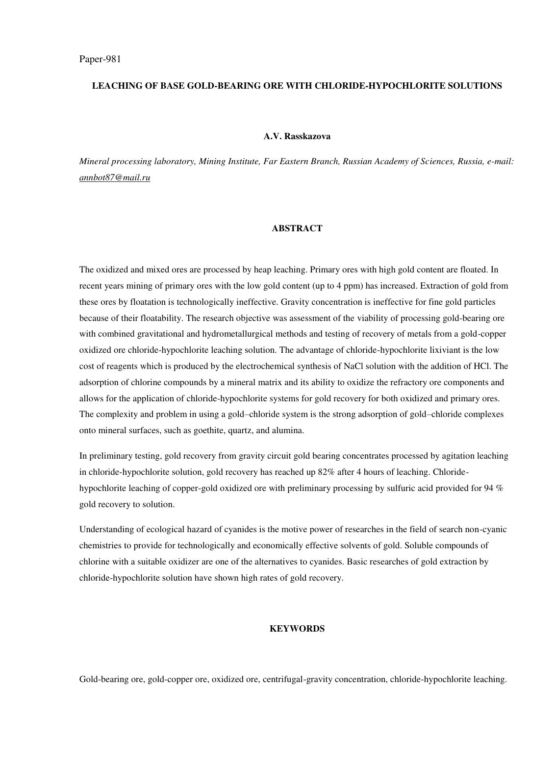 First page of LEACHING OF BASE GOLD-BEARING ORE WITH CHLORIDE-HYPOCHLORITE SOLUTIONS