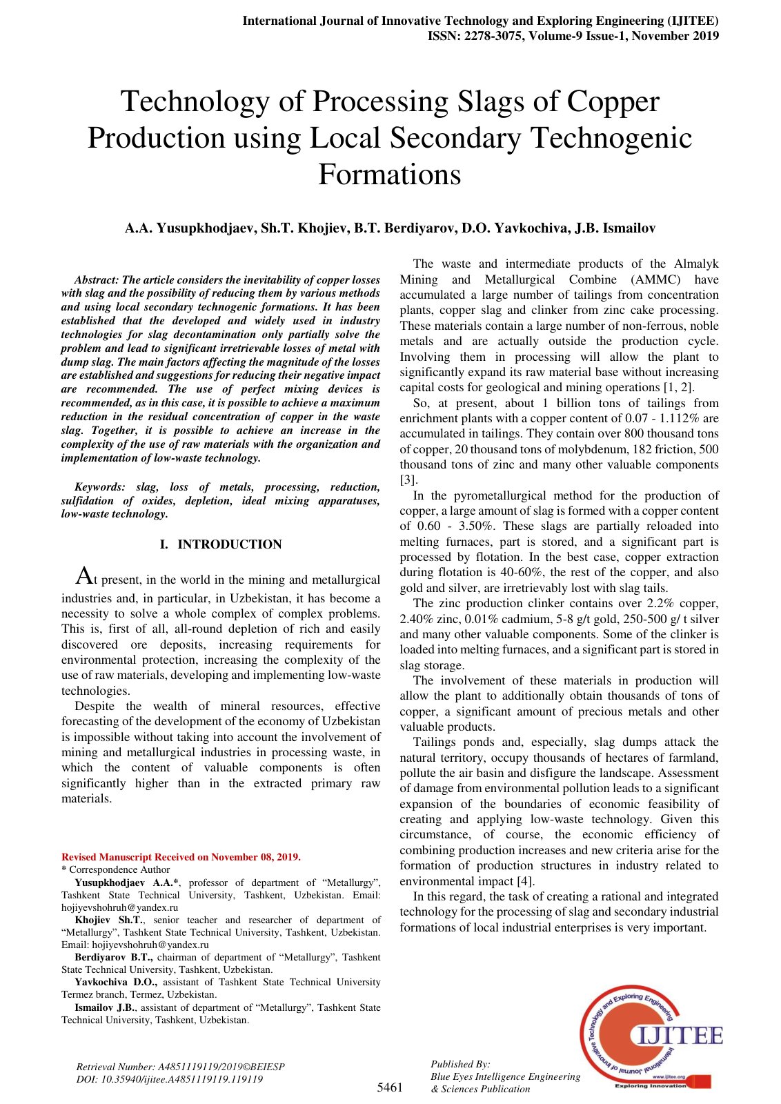 First page of Technology of Processing Slags of Copper