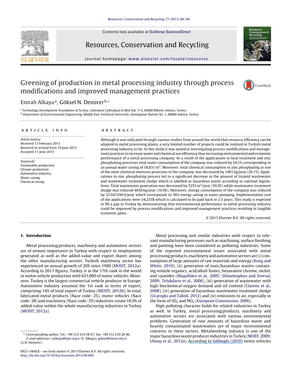 First page of Greening of production in metal processi