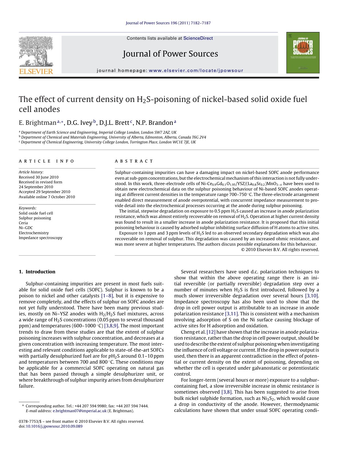 First page of The effect of current density on H2S-poisoning of nickel-based solid oxide fuel cell anodes