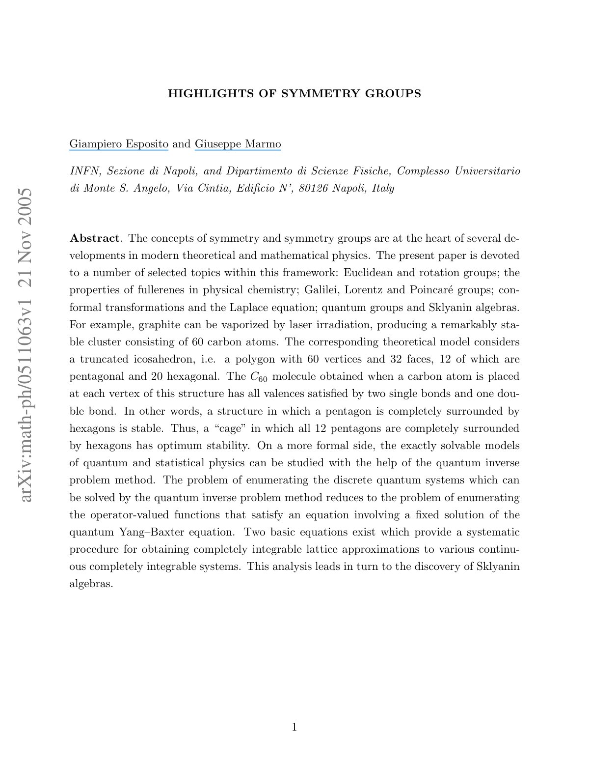 First page of HIGHLIGHTS OF SYMMETRY GROUPS