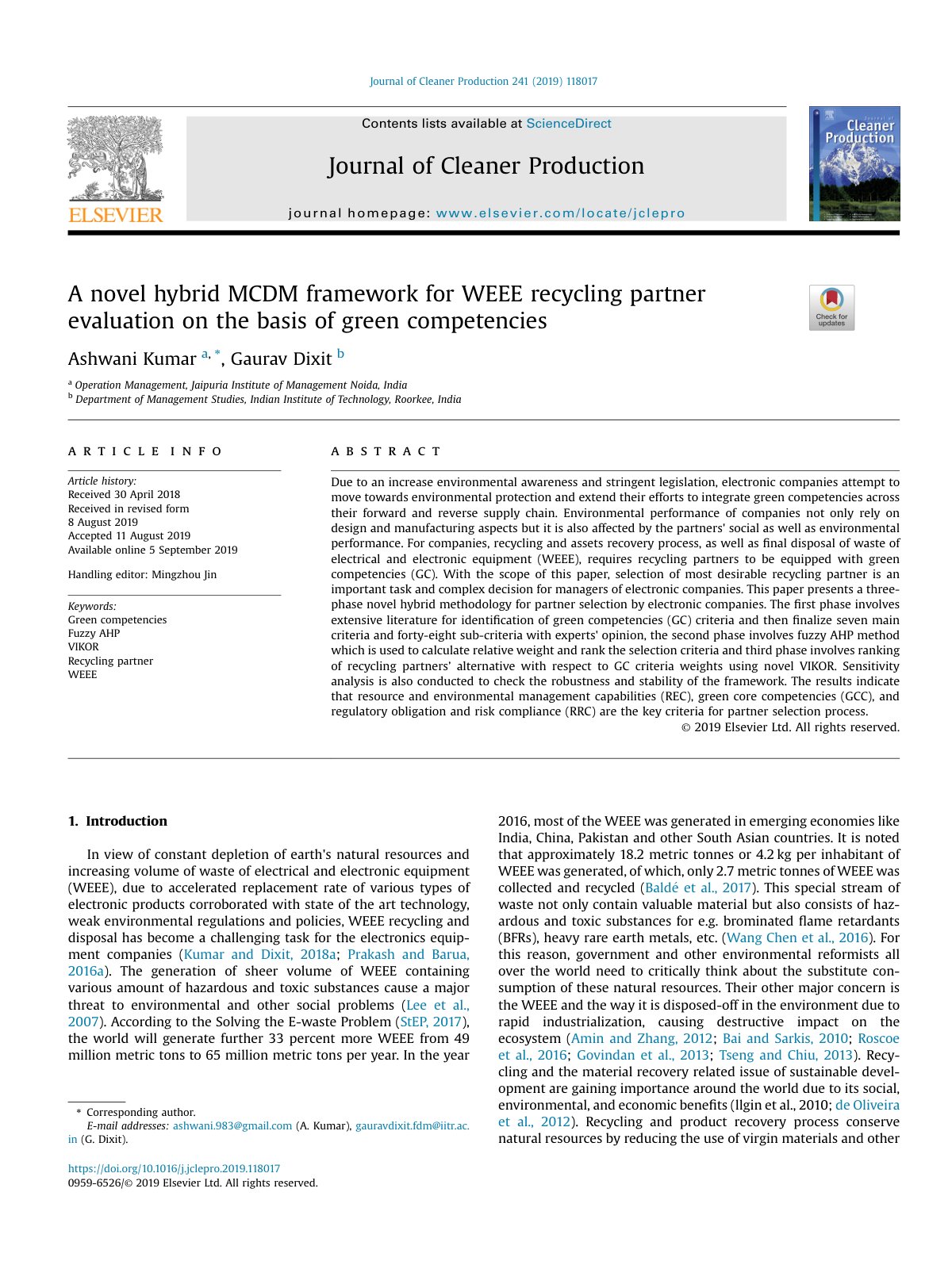 First page of A novel hybrid MCDM framework for WEEE recycling partne 2019 Journal of Clea