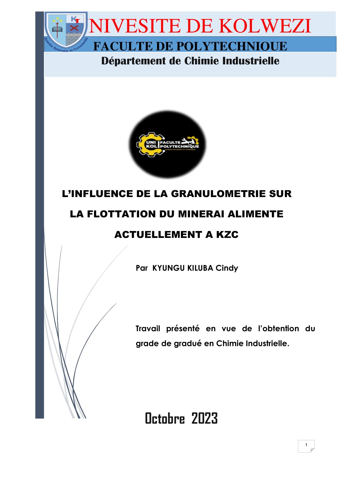 First page of L’INFLUENCE DE LA GRANULOMETRIE SUR LA FLOTTATION DU MINERAI ALIMENTE ACTUELLEMENT A KZC