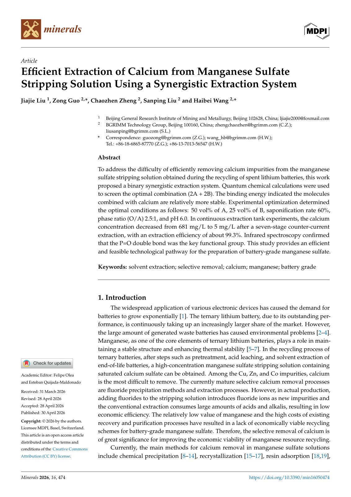 First page of 2026   Liu   Calcium impurity control in manganese sulfate solution