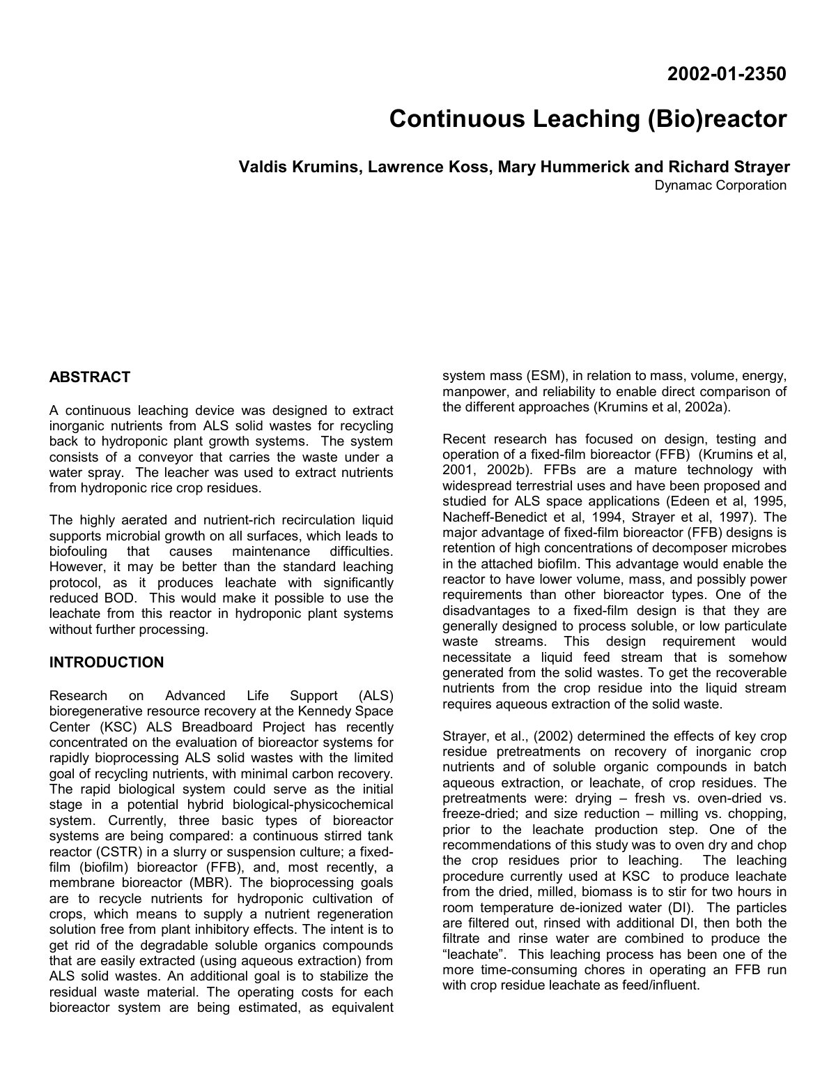 First page of Continuous Leaching Bio reactor