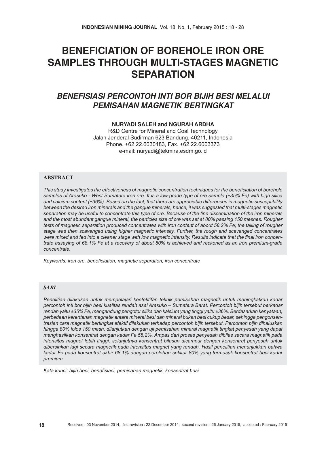 First page of BENEFICIATION OF BOREHOLE IRON ORE SAMPLES THROUGH MULTI-STAGES MAGNETIC SEPARATION