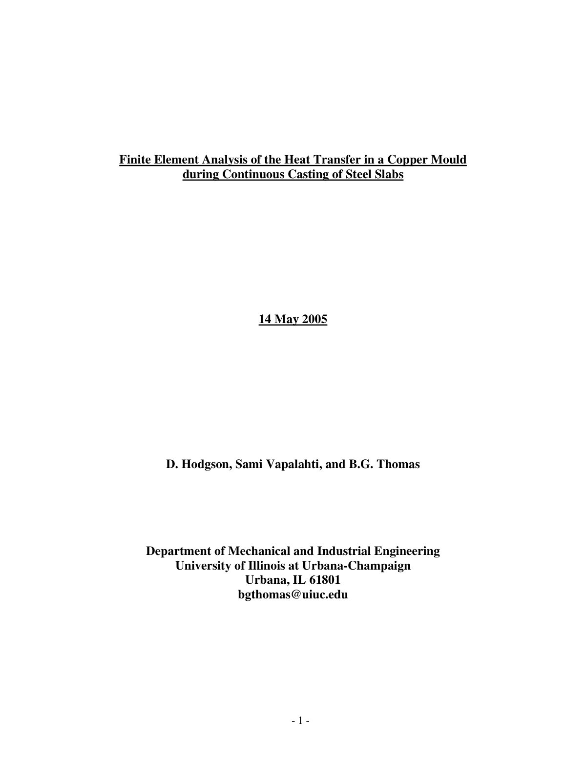 First page of Finite Element Analysis of the Heat Transfer in a Copper Mould during Continuous Casting of Steel Slabs
