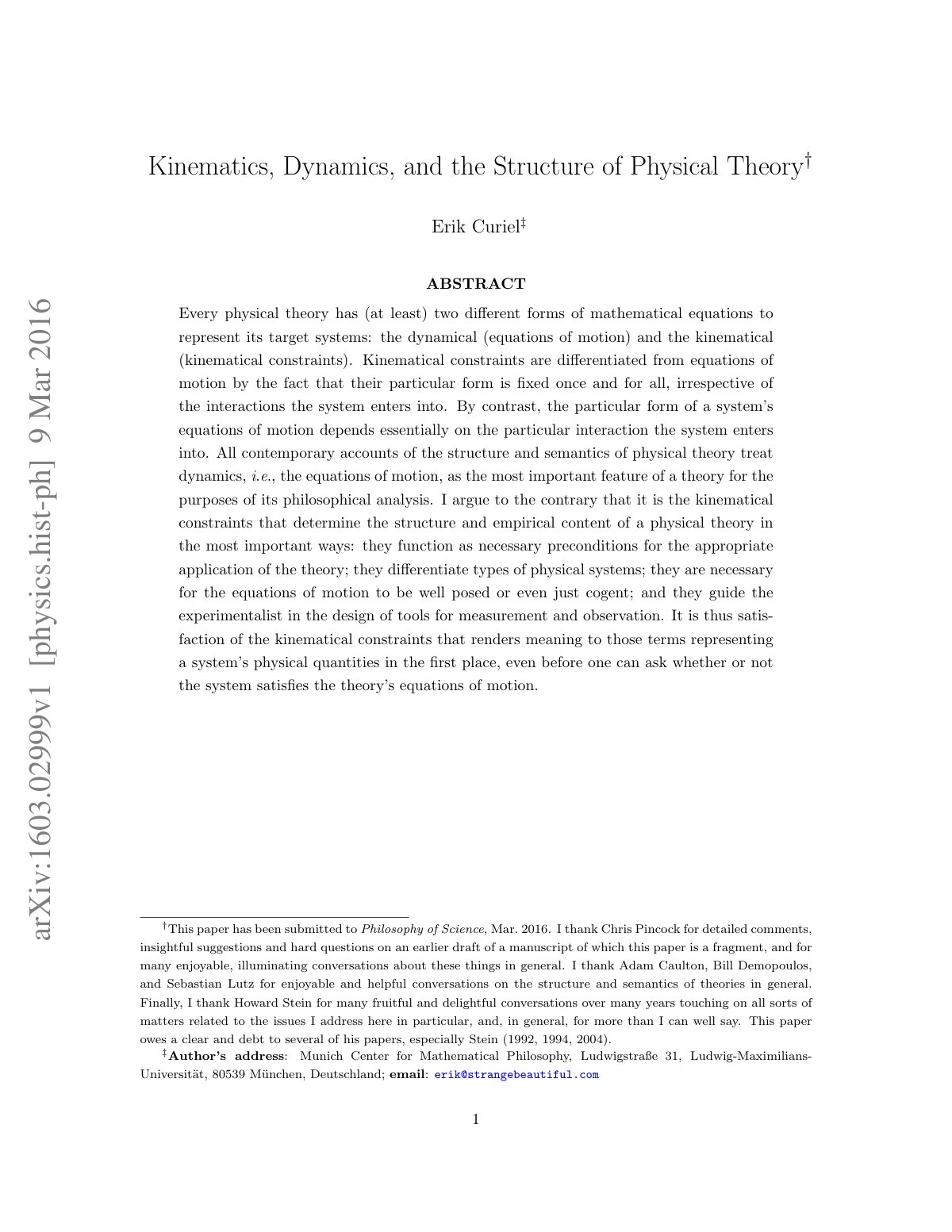 First page of Kinematics Dynamics and the Structure of
