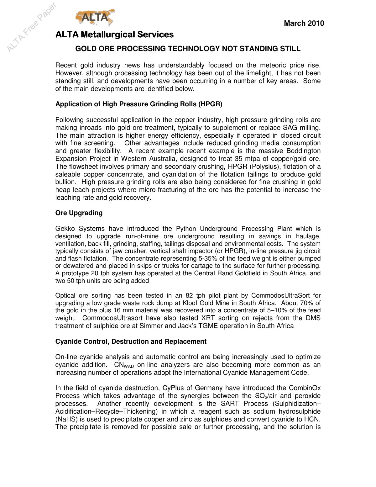 First page of Gold Ore Processing Not Standing Still