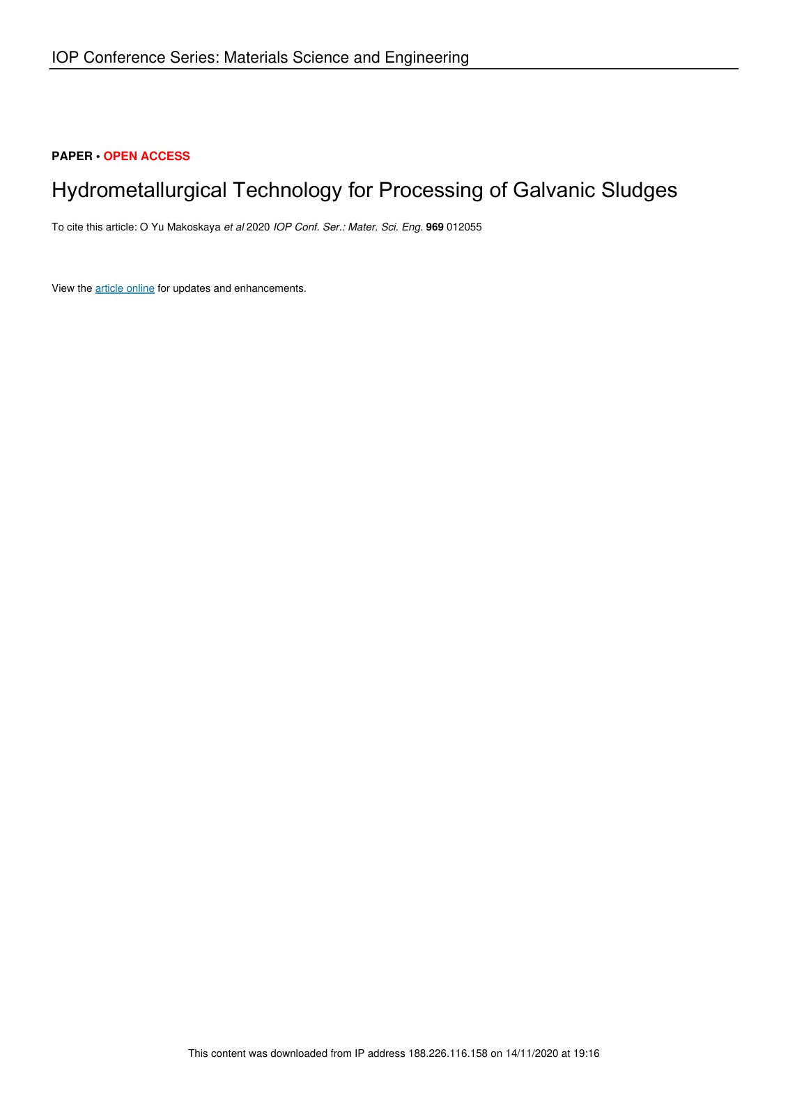 First page of Hydrometallurgical Technology for Processing of Galvanic Sludges