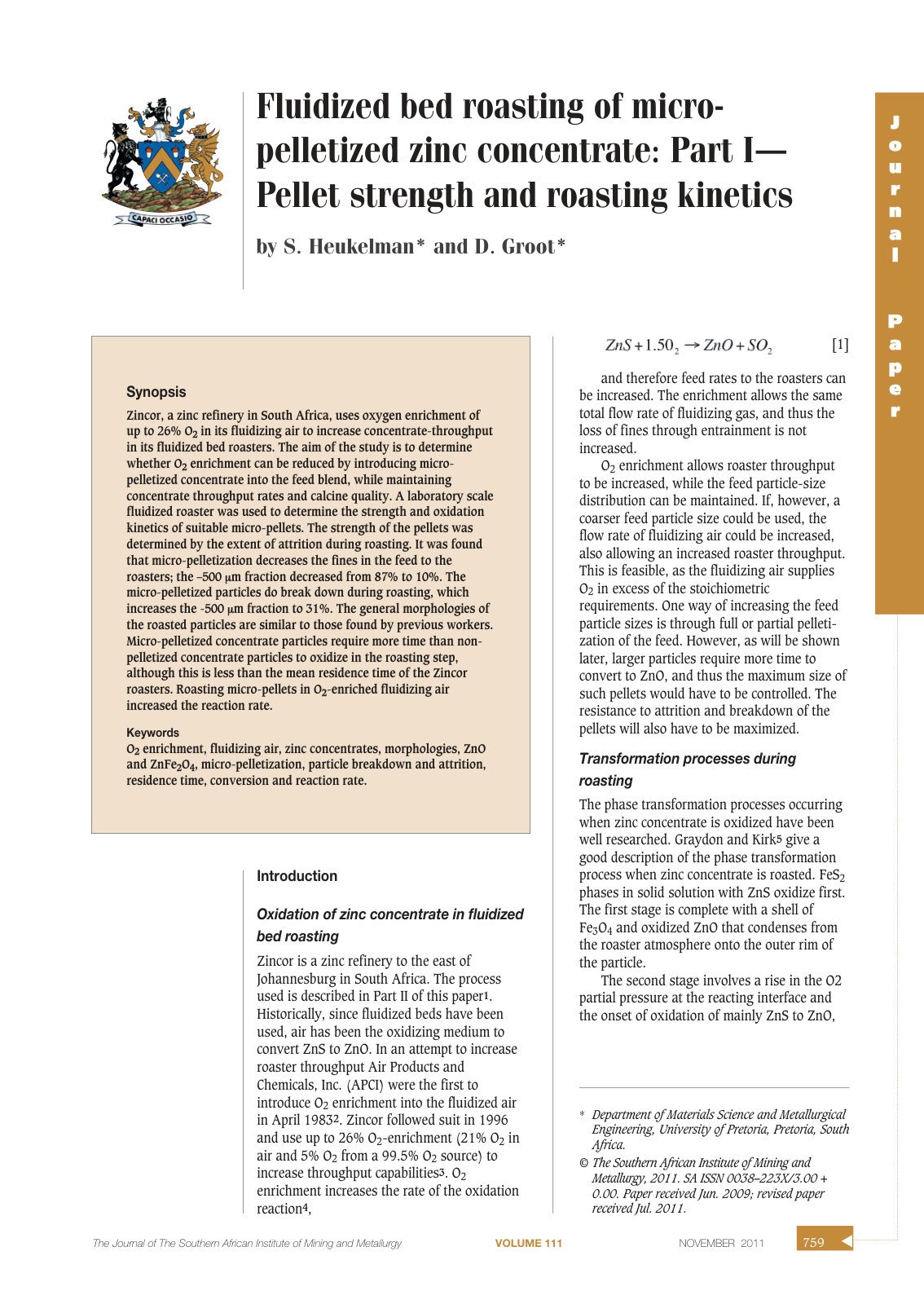 First page of Fluidized bed roasting of micro-pelletized zinc concentrate: Part I– Pellet strength and roasting kinetics