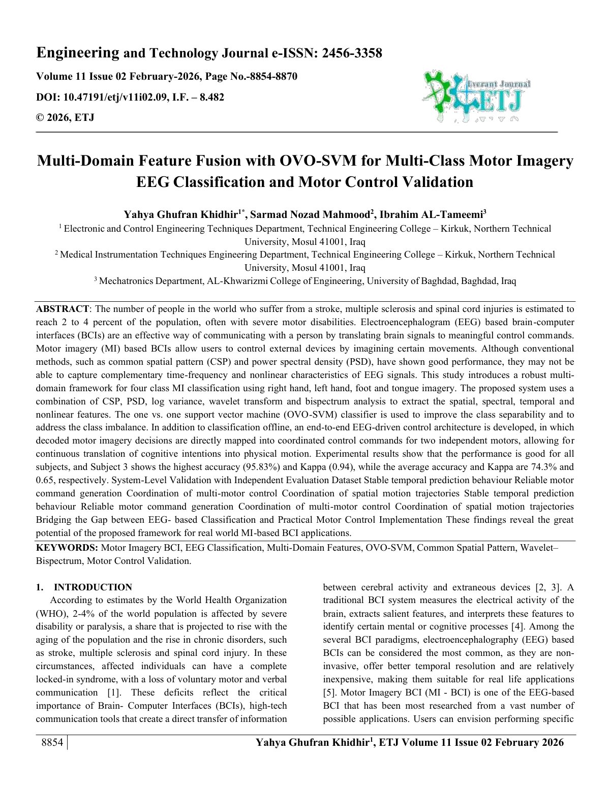 First page of Multi-Domain Feature Fusion with OVO-SVM for Multi-Class Motor Imagery  EEG Classification and Motor Control Validation