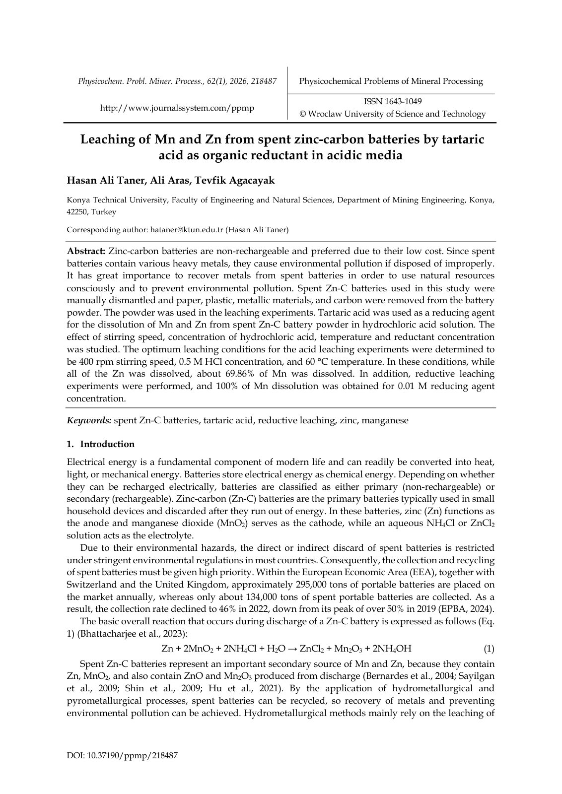 First page of 2026   Taner   Mn Zn Leaching from Spent Batteries