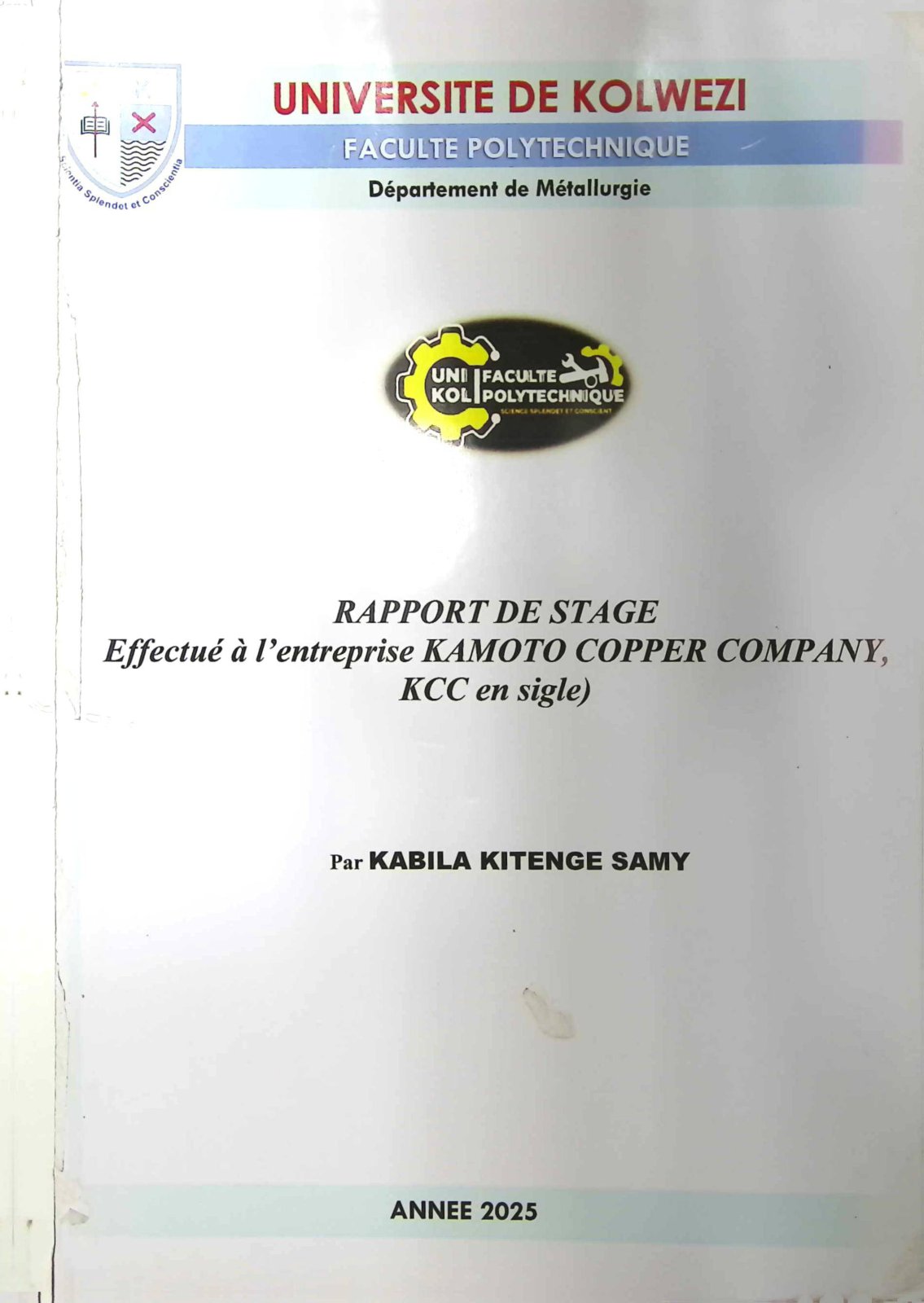 First page of RAPPORT DE STAGE Effectue a l'entreprise KAMOTO COPPER COMPANY