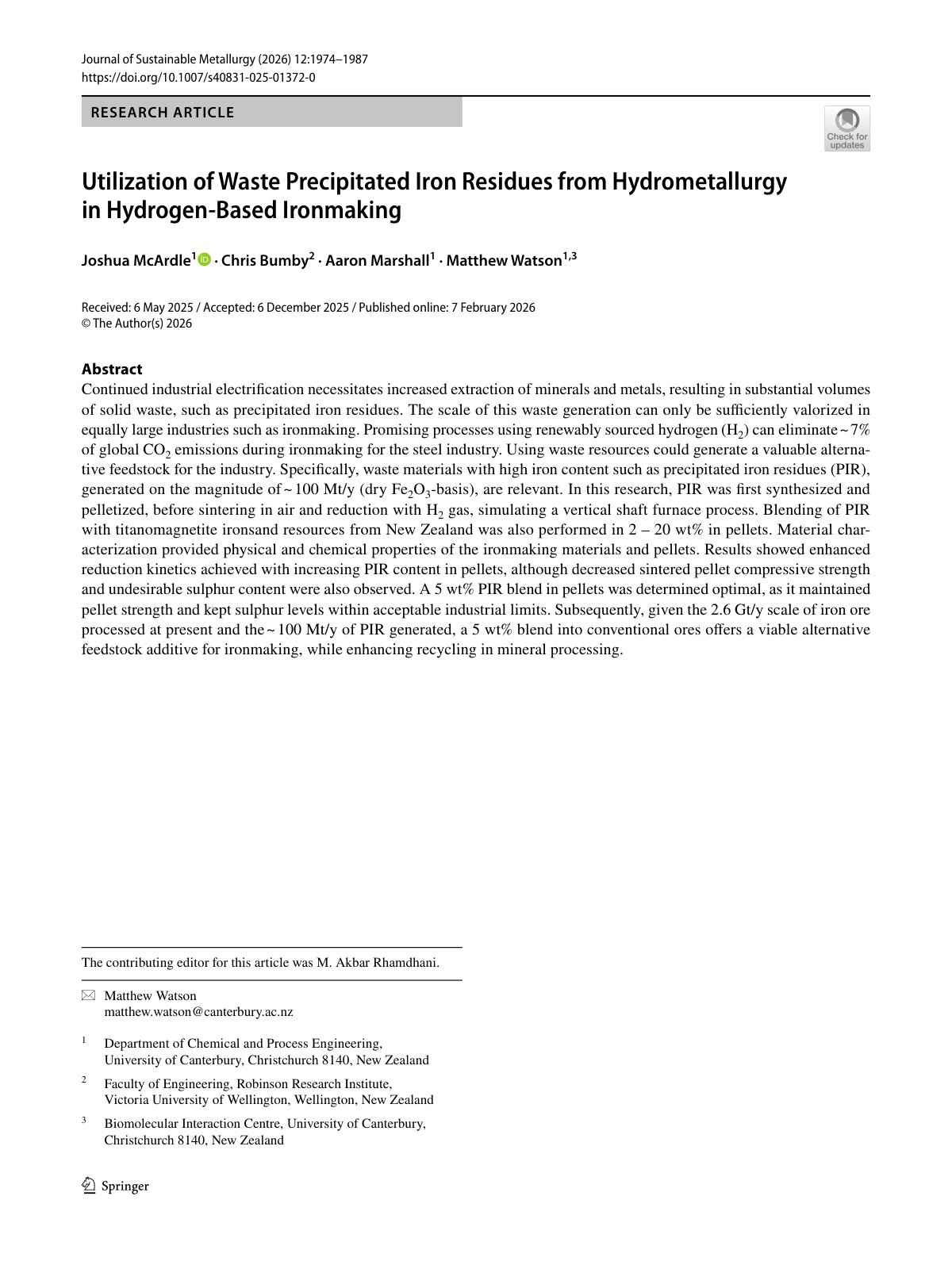 First page of 2026 McArdle Hydrometallurgy Residues Hydrogen Ironmaking