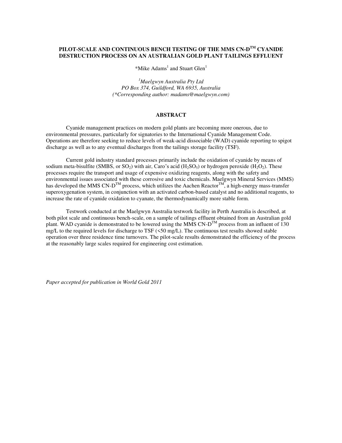 First page of Pilot Scale Continous Bench Scale testing