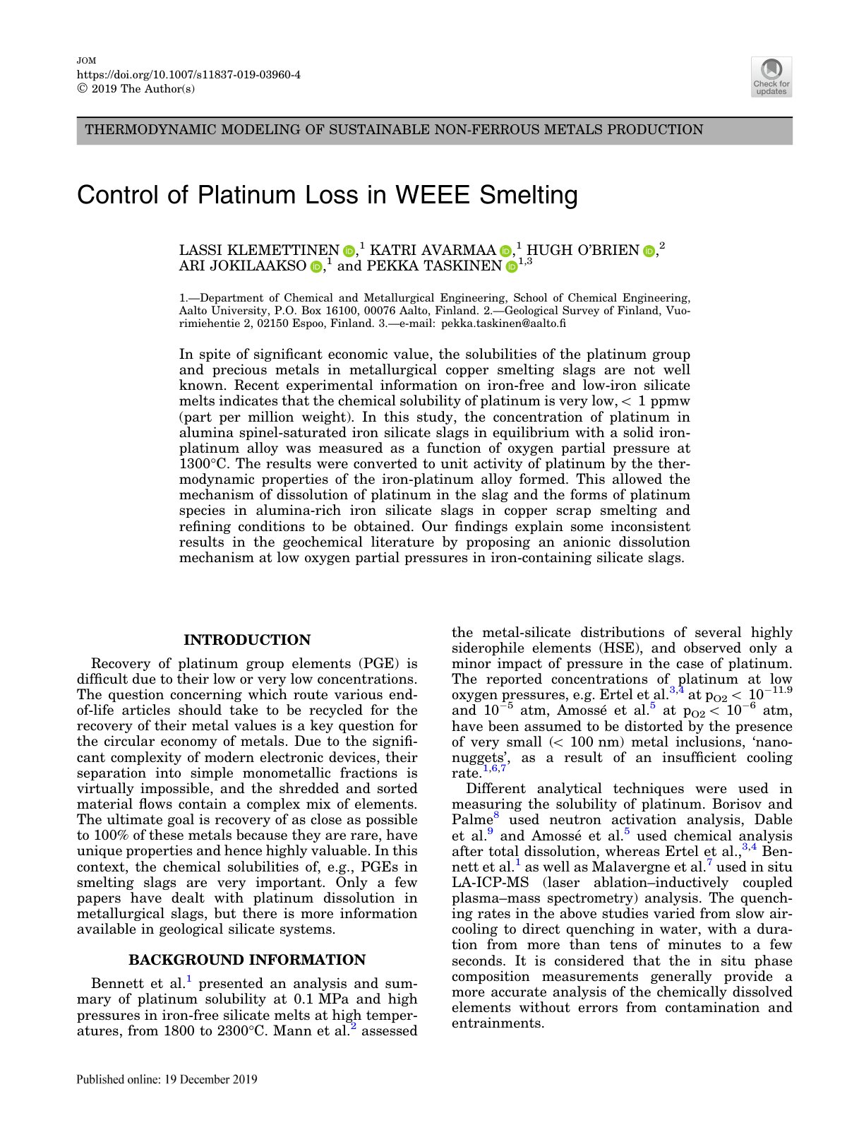 First page of Control of Platinum Loss in WEEE Smeltin