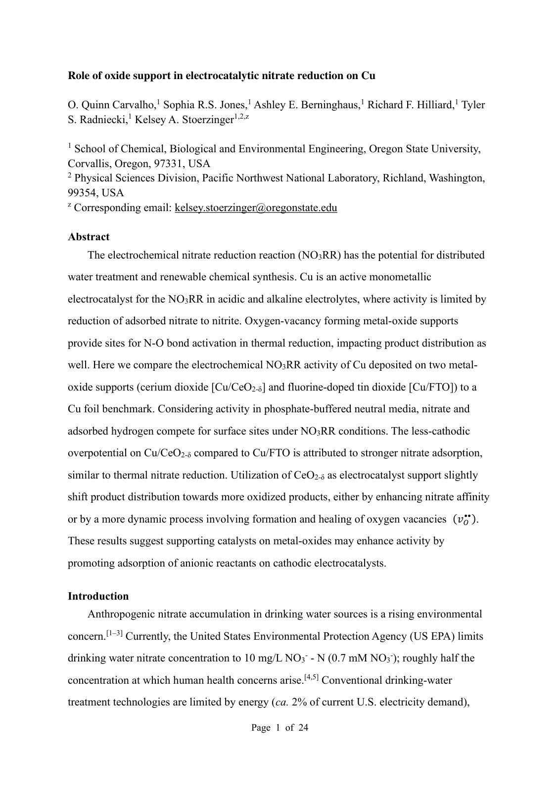 First page of Role of oxide support in electrocatalytic nitrate reduction on Cu