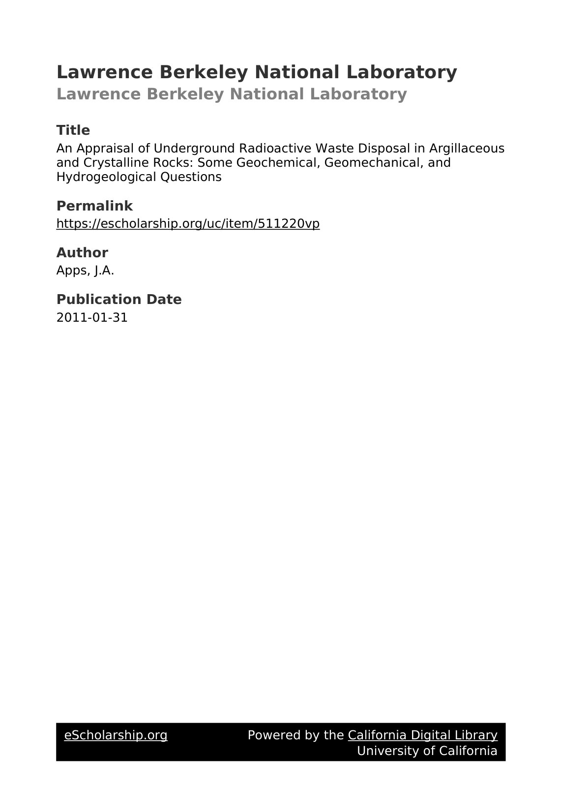 First page of An Appraisal of Underground Radioactive Waste Disposal in Argillaceous and Crystalline Rocks: Some Geochemical, Geomechanical, and Hydrogeological Questions