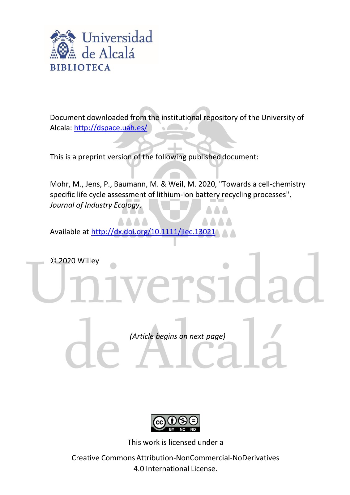 First page of Towards a cell-chemistry specific life cycle assessment of lithium-ion battery recycling processes
