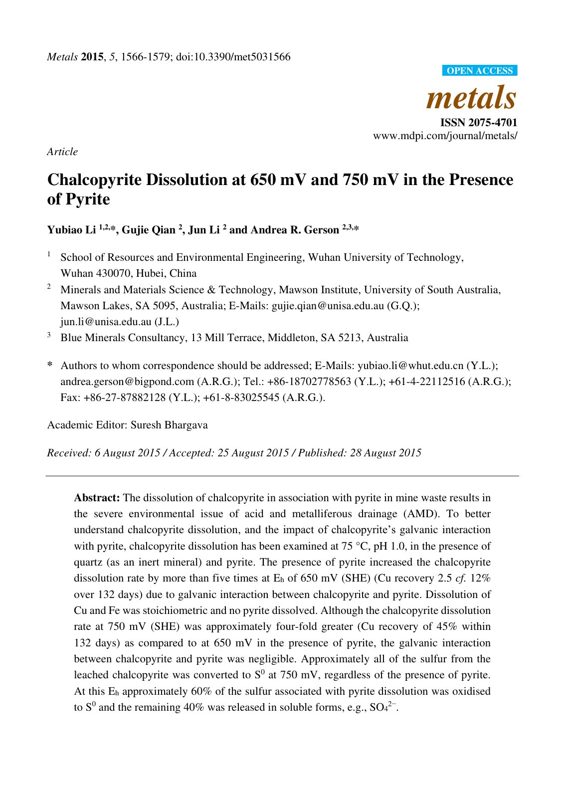 First page of Chalcopyrite Dissolution at 650 mV and 750 mV in the Presence of Pyrite