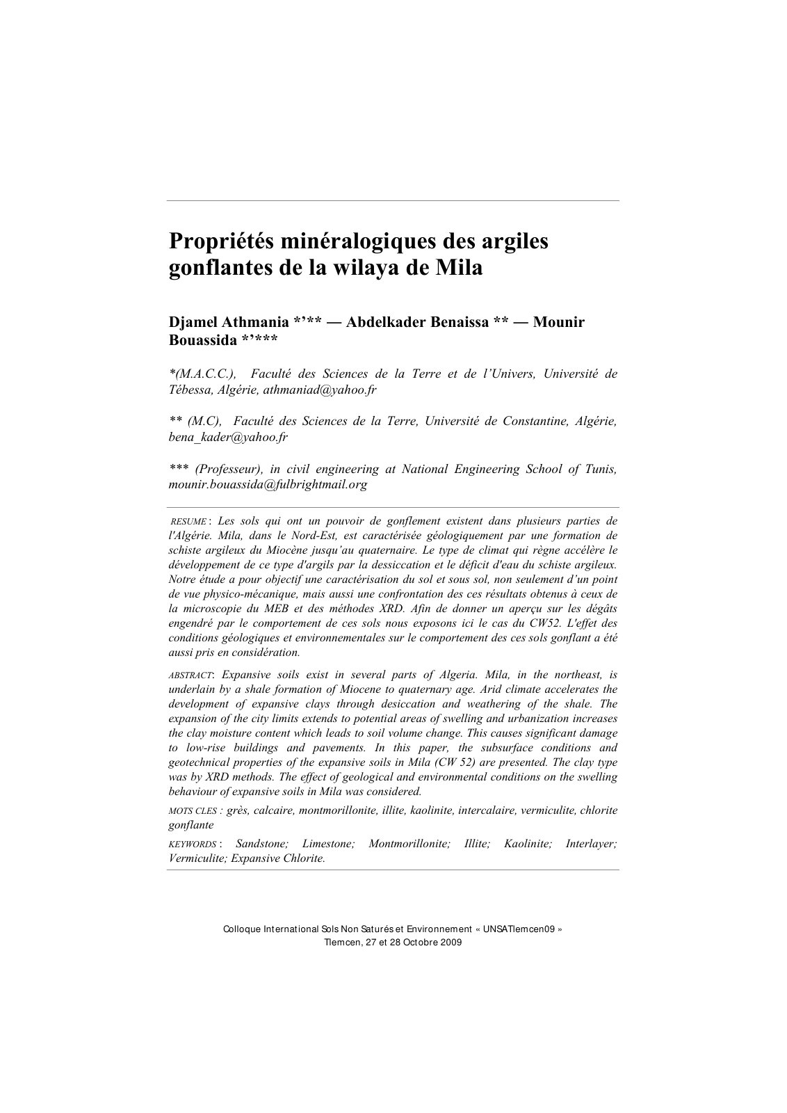 First page of Propriétés minéralogiques des argiles gonflantes de la wilaya de Mila