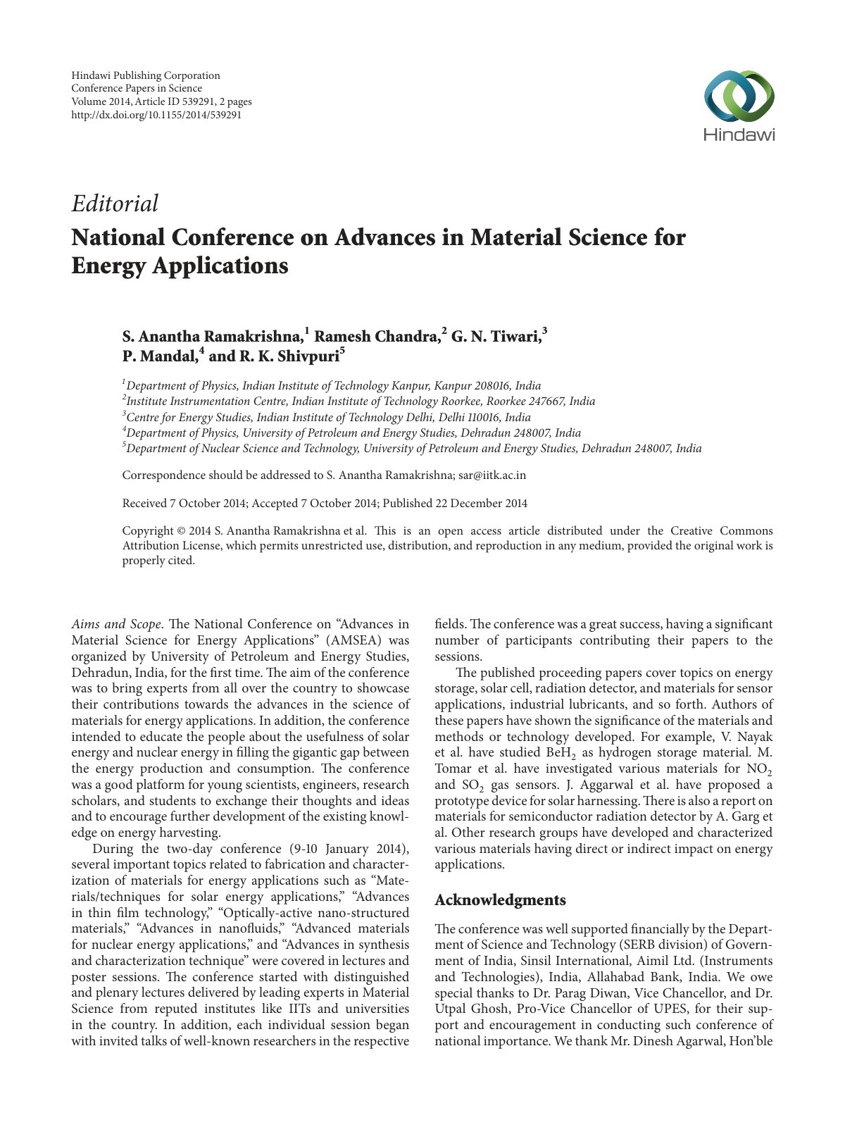 First page of National Conference on Advances in Mater