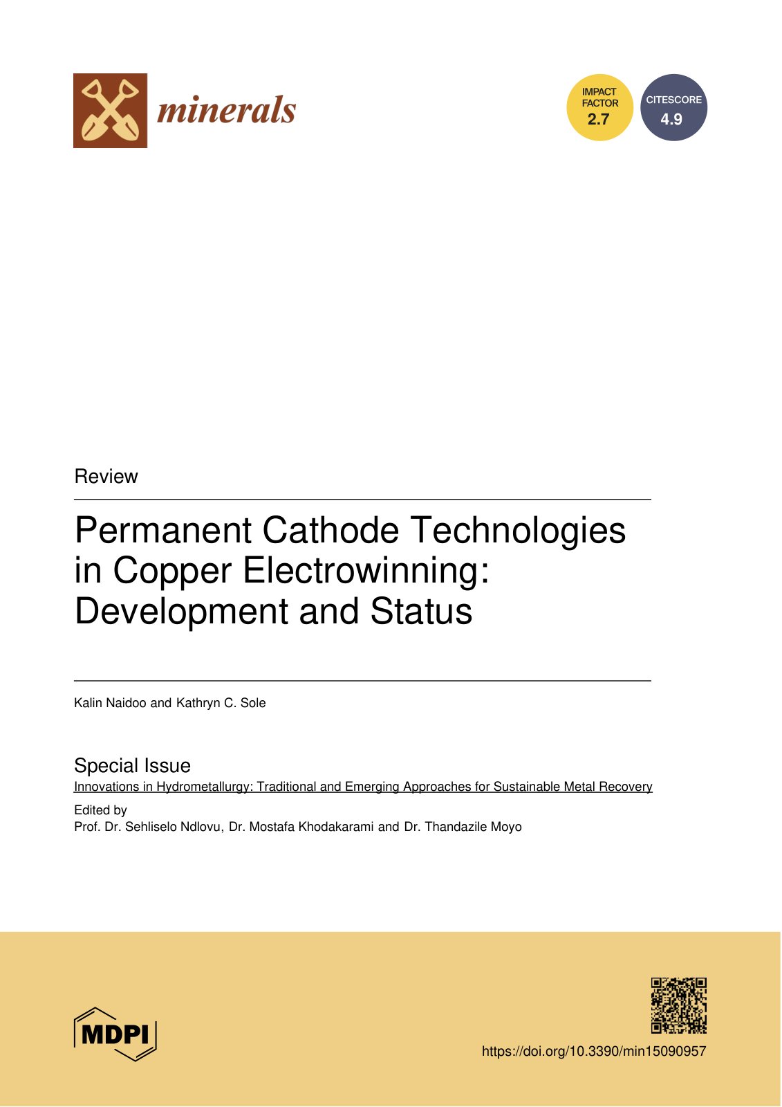 First page of Permanent Cathode Technologies in Copper Electrowinning: Development and Status