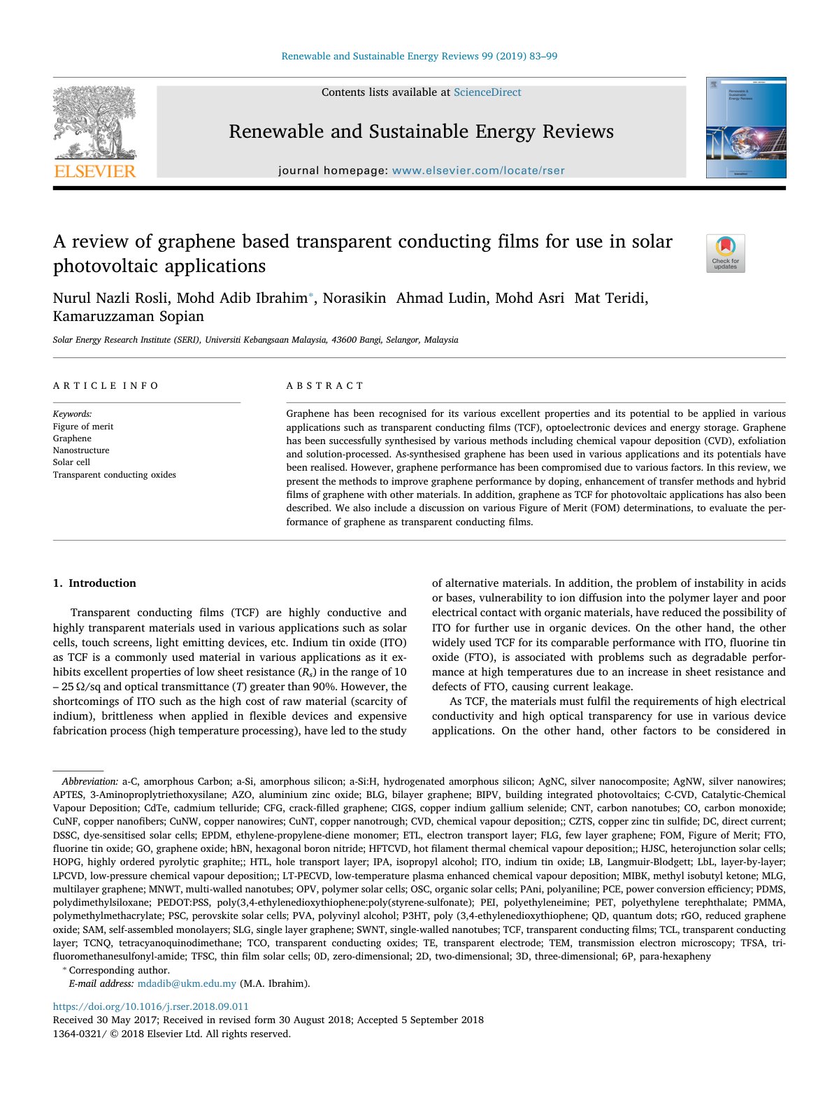 First page of A review of graphene based transparent conducting films for use in solar photovoltaic applications