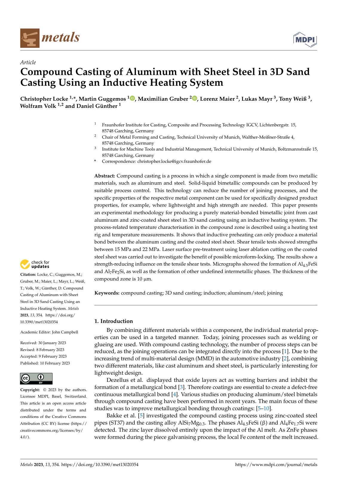First page of Compound Casting of Aluminum with Sheet Steel in 3D Sand Casting Using an Inductive Heating System
